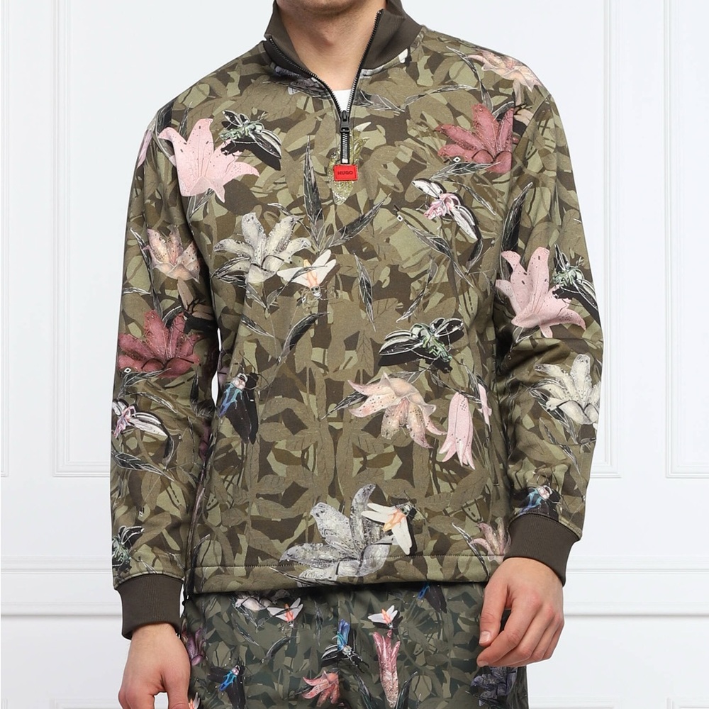 Hugo Boss Floral Print Stretchy Terry Cotton Zip Neck Cyber Bug Print Sweatshirt